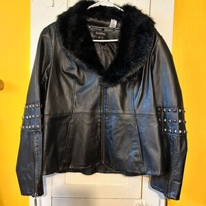 Black Faux Leather Jacket with Fur Collar